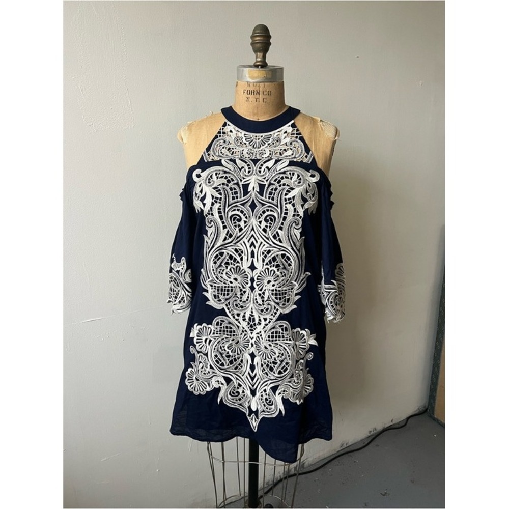 Parker‎ Navy Off shoulder Mini Dress with White Lace Appliqué